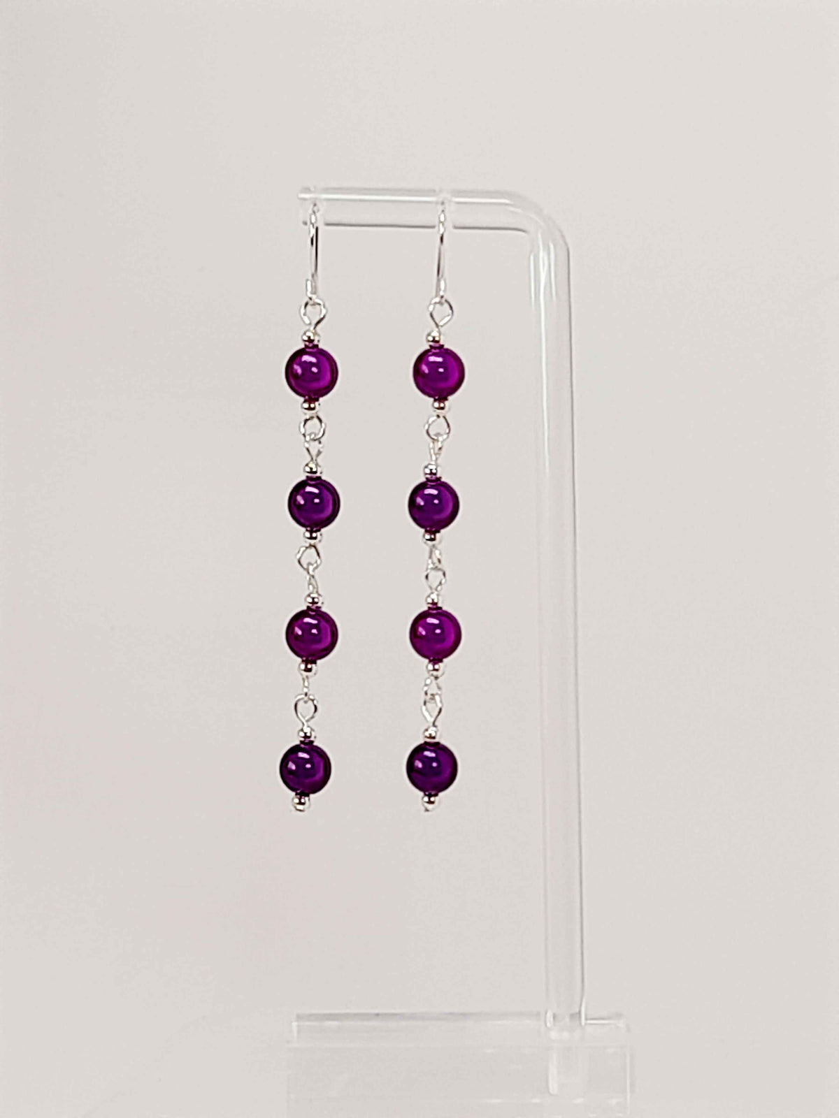 Long Dark Purple Beaded Drop Earrings, Handmade Four Link Dangle Earrings