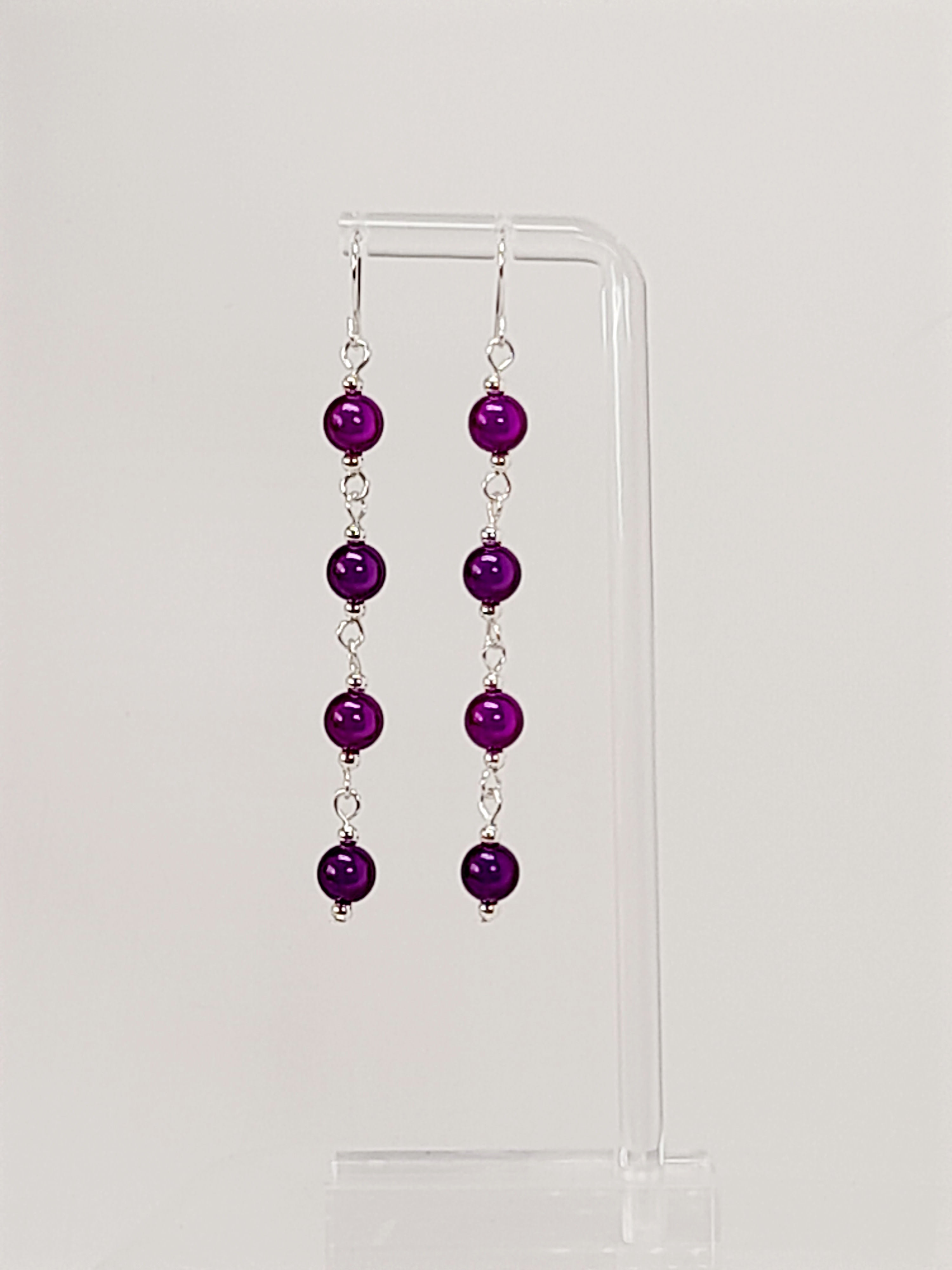 Long Dark Purple Beaded Drop Earrings, Handmade Four Link Dangle Earrings