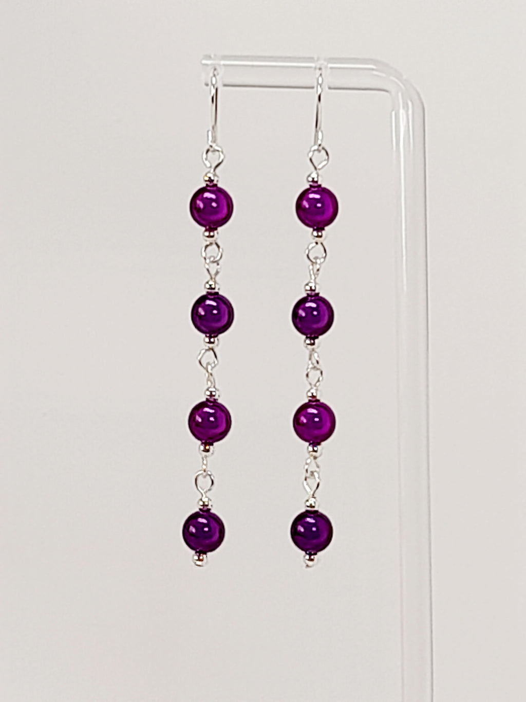 Long Dark Purple Beaded Drop Earrings, Handmade Four Link Dangle Earrings