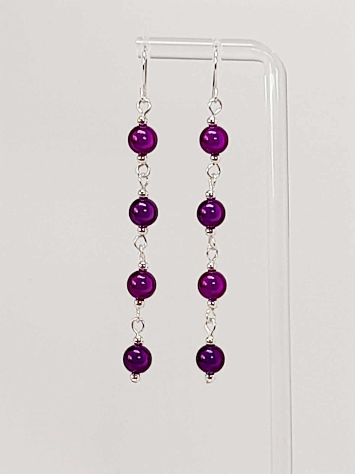 Long Dark Purple Beaded Drop Earrings, Handmade Four Link Dangle Earrings