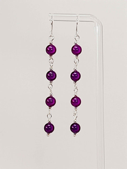Long Dark Purple Beaded Drop Earrings, Handmade Four Link Dangle Earrings