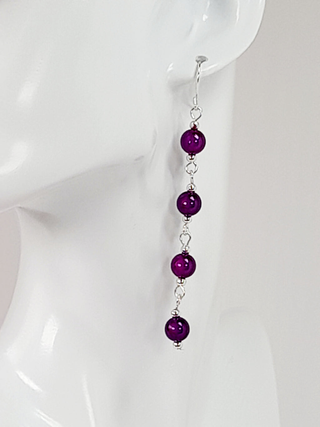Long Dark Purple Beaded Drop Earrings, Handmade Four Link Dangle Earrings