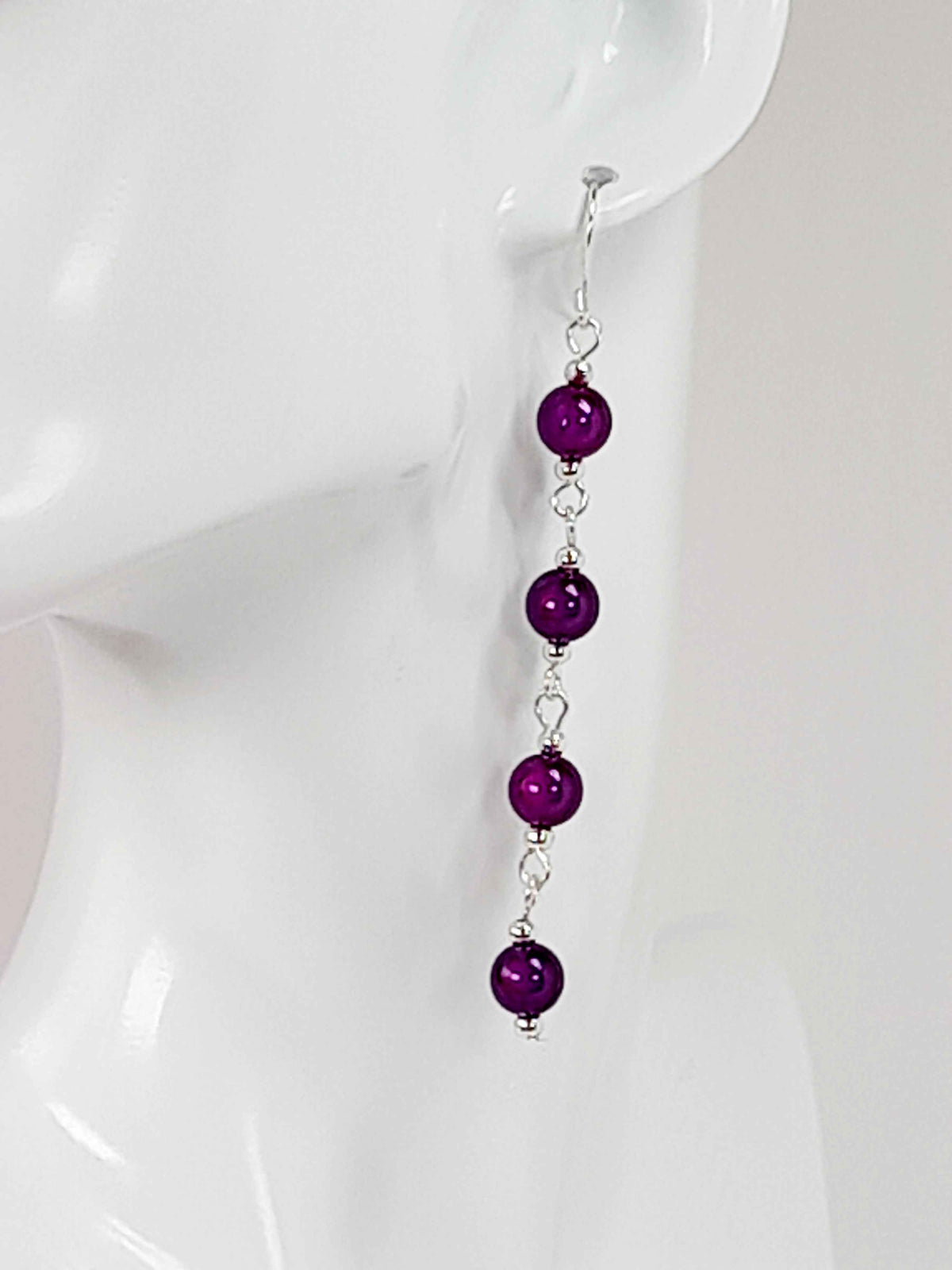 Long Dark Purple Beaded Drop Earrings, Handmade Four Link Dangle Earrings