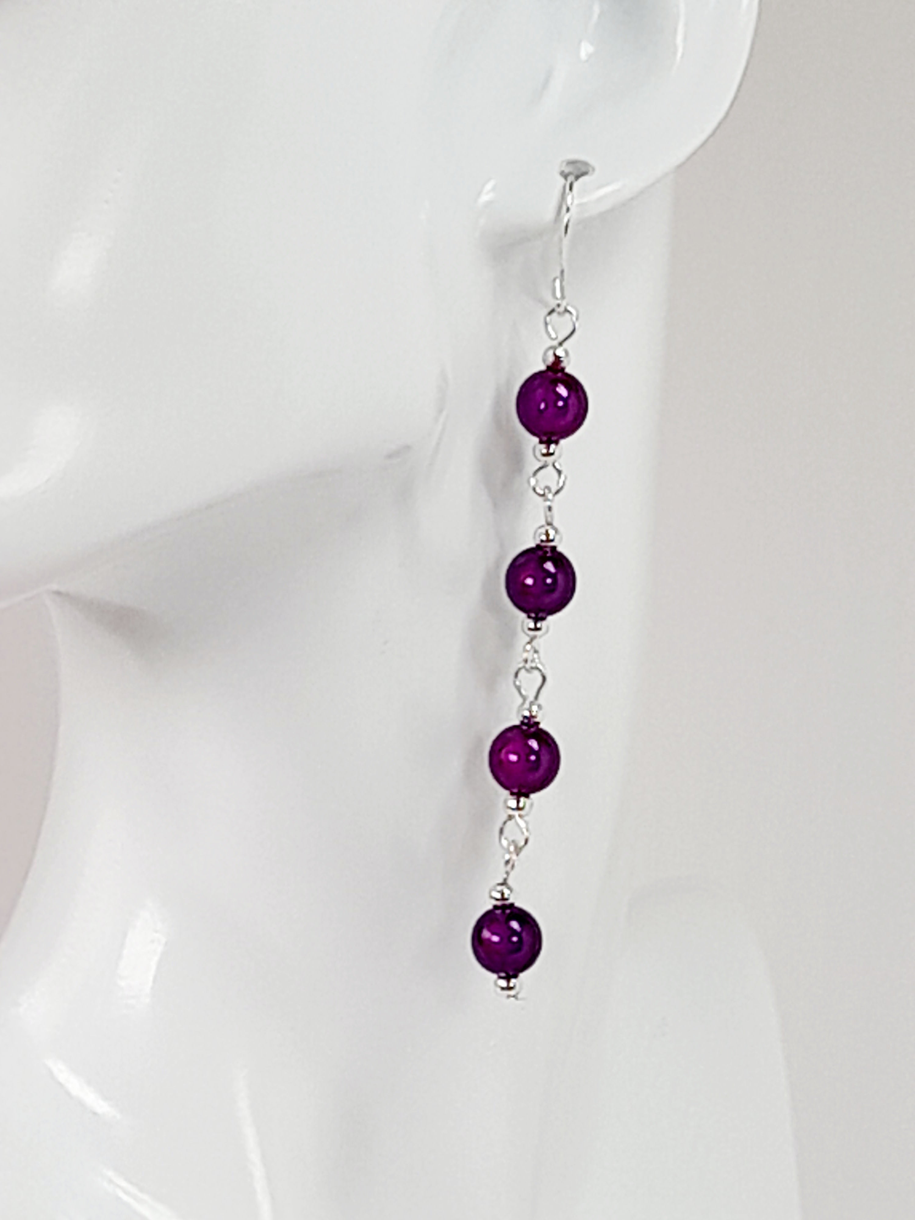 Long Dark Purple Beaded Drop Earrings, Handmade Four Link Dangle Earrings