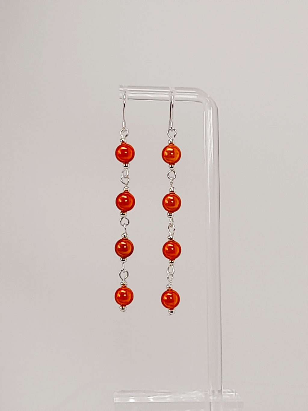 Long Bright Orange Beaded Drop Earrings, Handmade Four Link Dangle Earrings