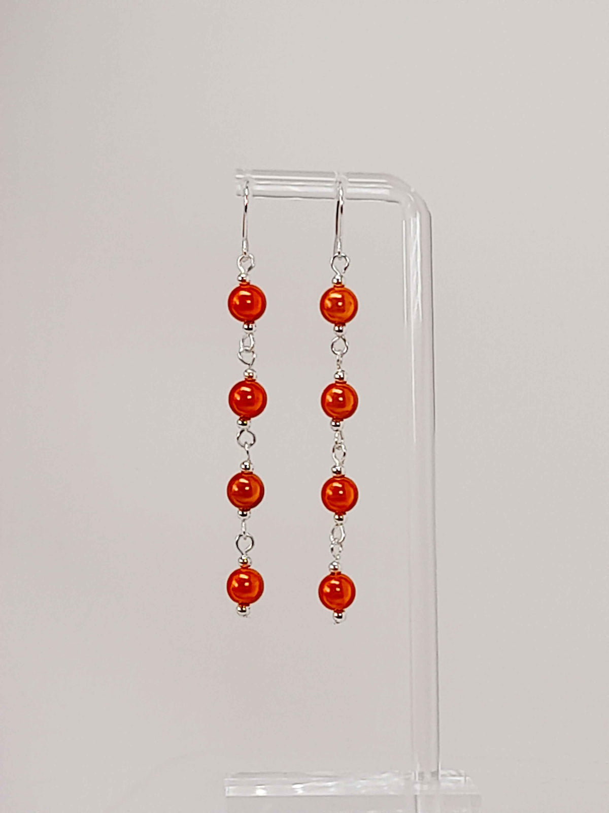 Long Bright Orange Beaded Drop Earrings, Handmade Four Link Dangle Earrings