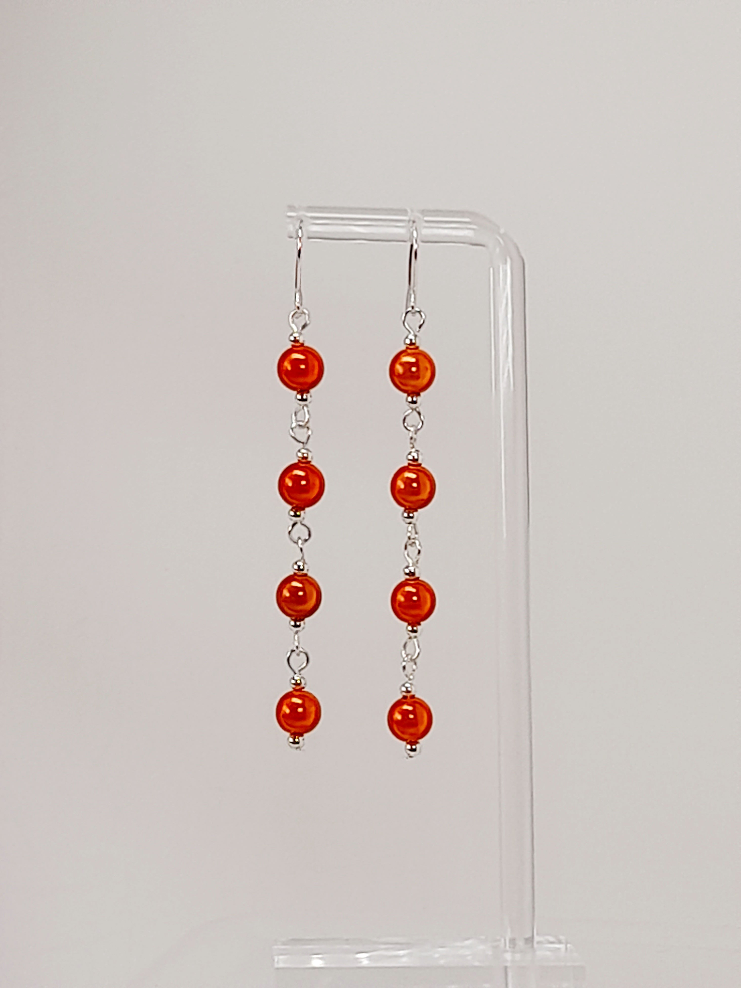 Long Bright Orange Beaded Drop Earrings, Handmade Four Link Dangle Earrings