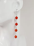 Long Bright Orange Beaded Drop Earrings, Handmade Four Link Dangle Earrings