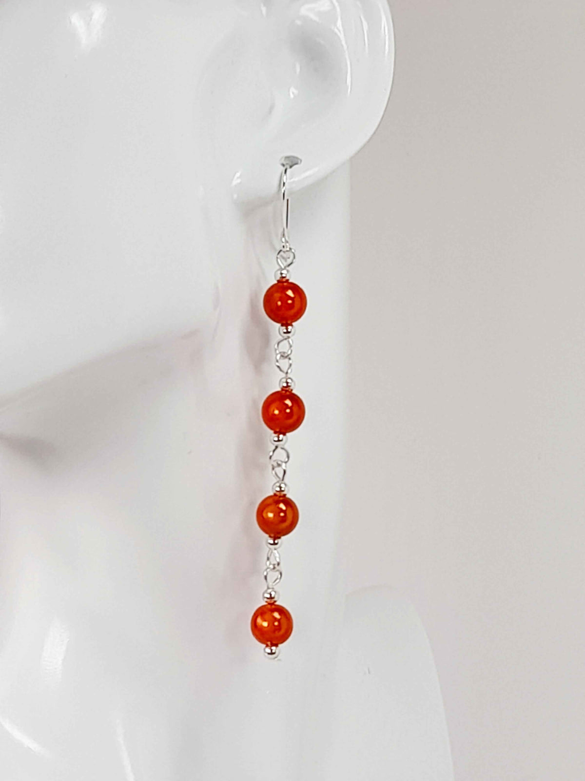 Long Bright Orange Beaded Drop Earrings, Handmade Four Link Dangle Earrings