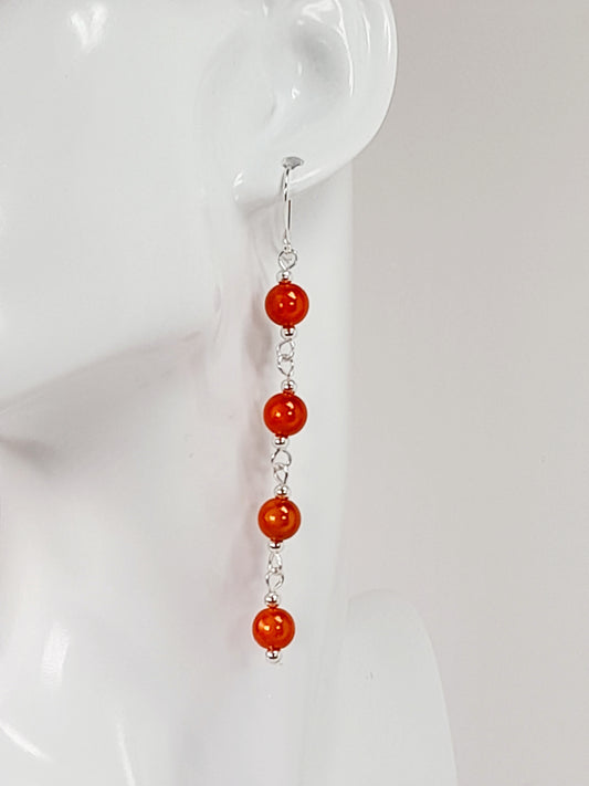 Long Bright Orange Beaded Drop Earrings, Handmade Four Link Dangle Earrings
