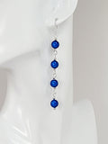 Long Bright Blue Beaded Drop Earrings, Handmade Four Link Dangle Earrings
