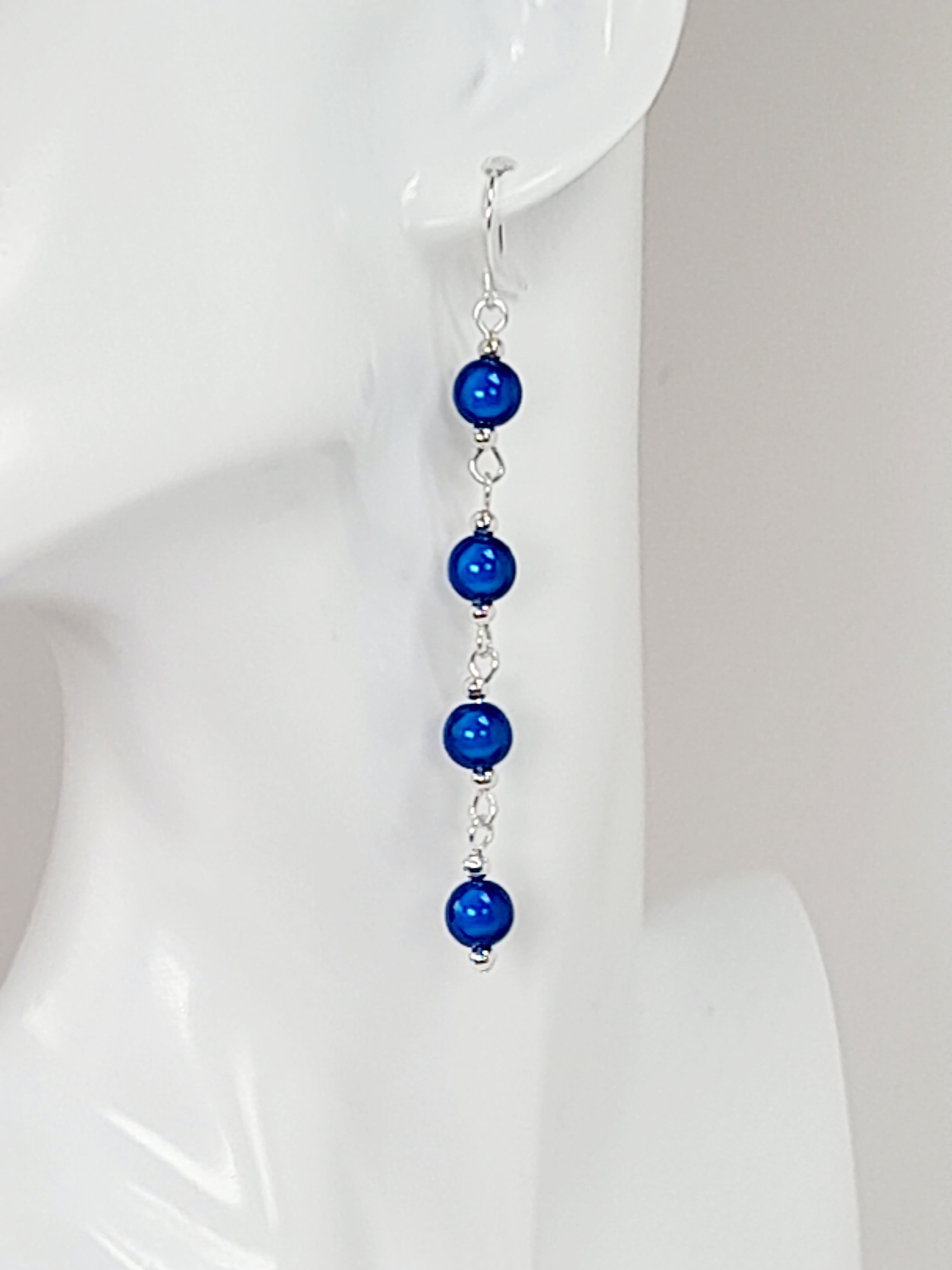 Long Bright Blue Beaded Drop Earrings, Handmade Four Link Dangle Earrings