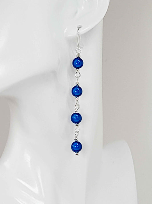 Long Bright Blue Beaded Drop Earrings, Handmade Four Link Dangle Earrings
