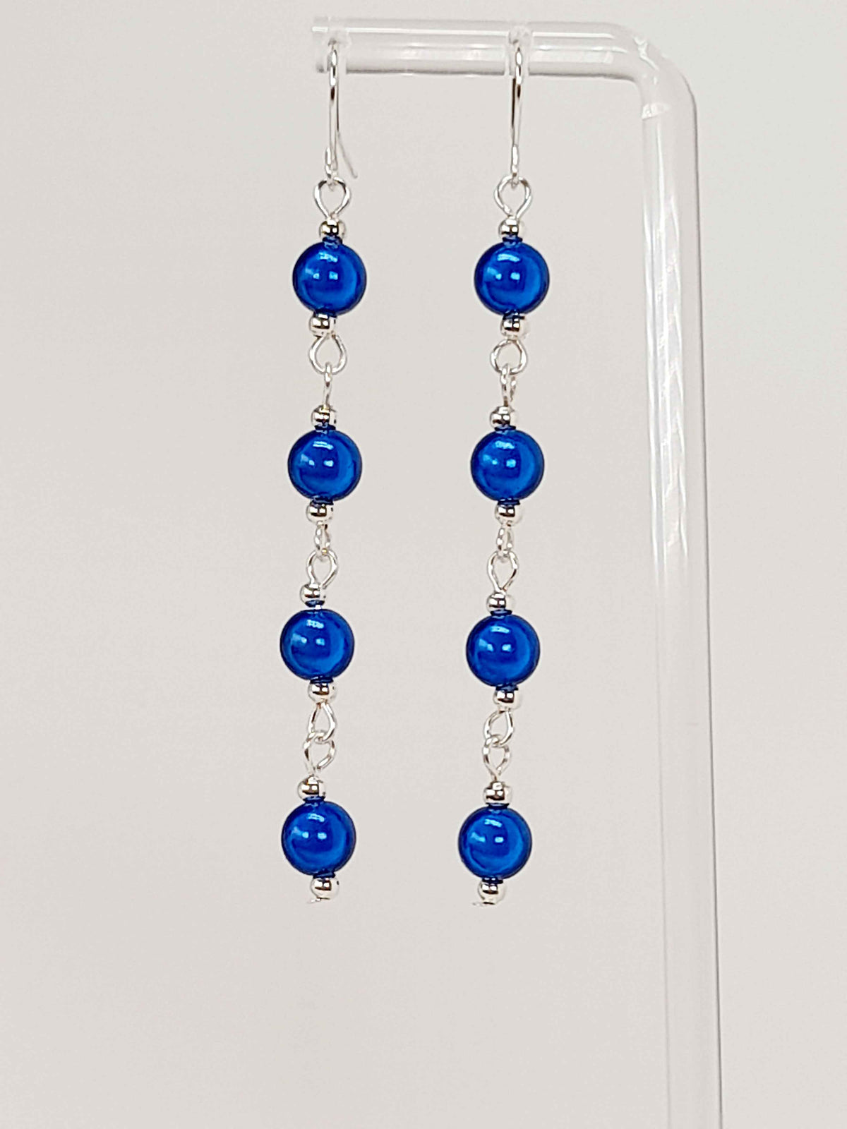 Long Bright Blue Beaded Drop Earrings, Handmade Four Link Dangle Earrings