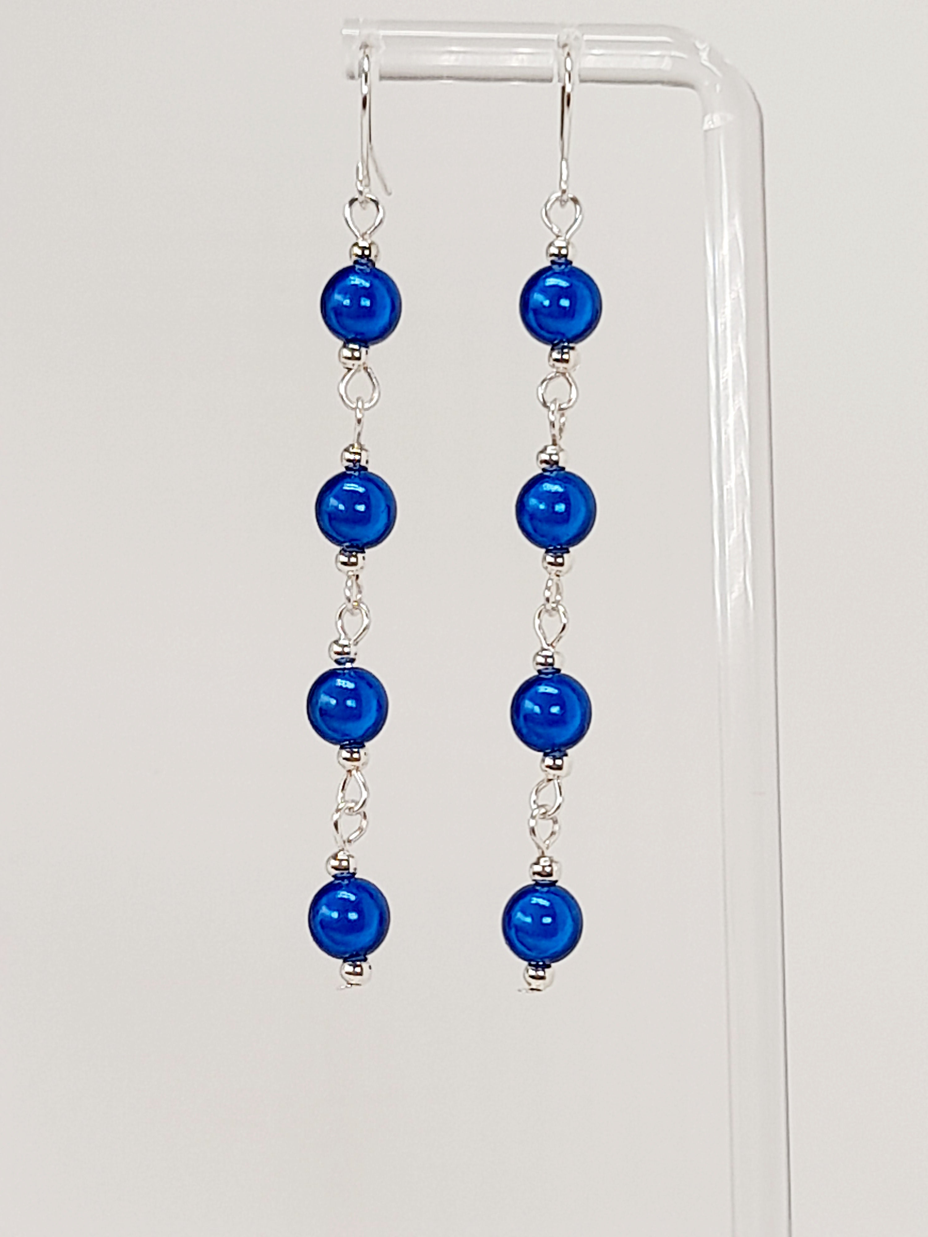 Long Bright Blue Beaded Drop Earrings, Handmade Four Link Dangle Earrings
