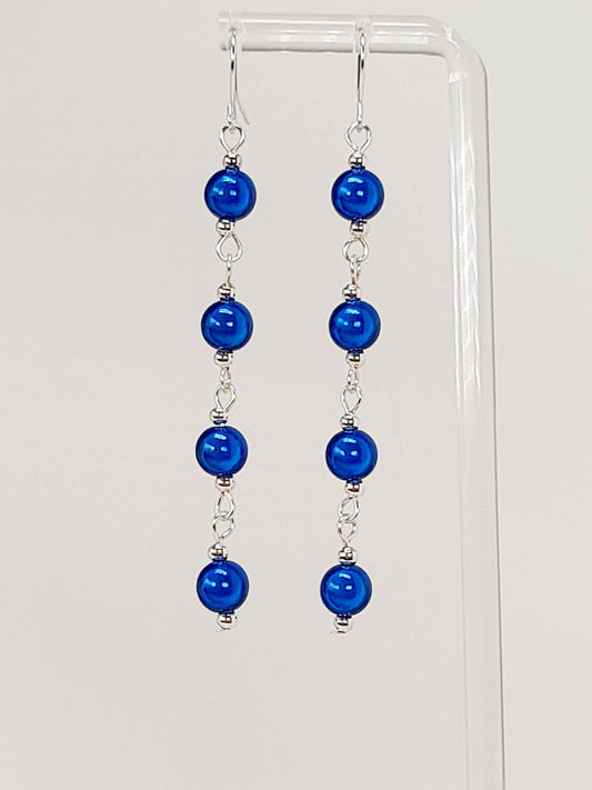 Long Bright Blue Beaded Drop Earrings, Handmade Four Link Dangle Earrings