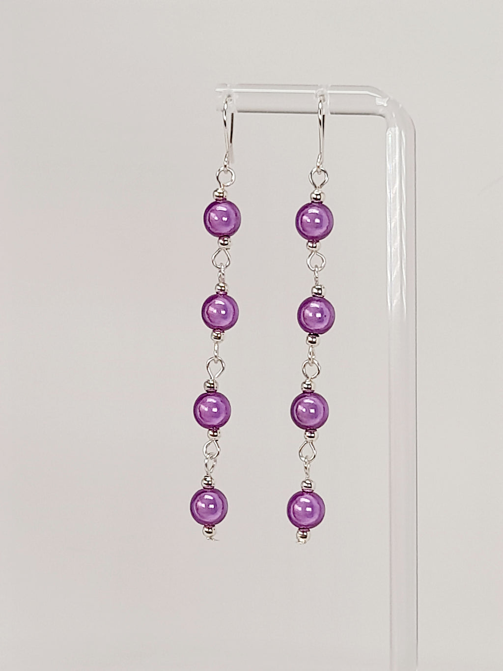 Long Lilac Beaded Drop Earrings, Handmade Four Link Dangle Earrings