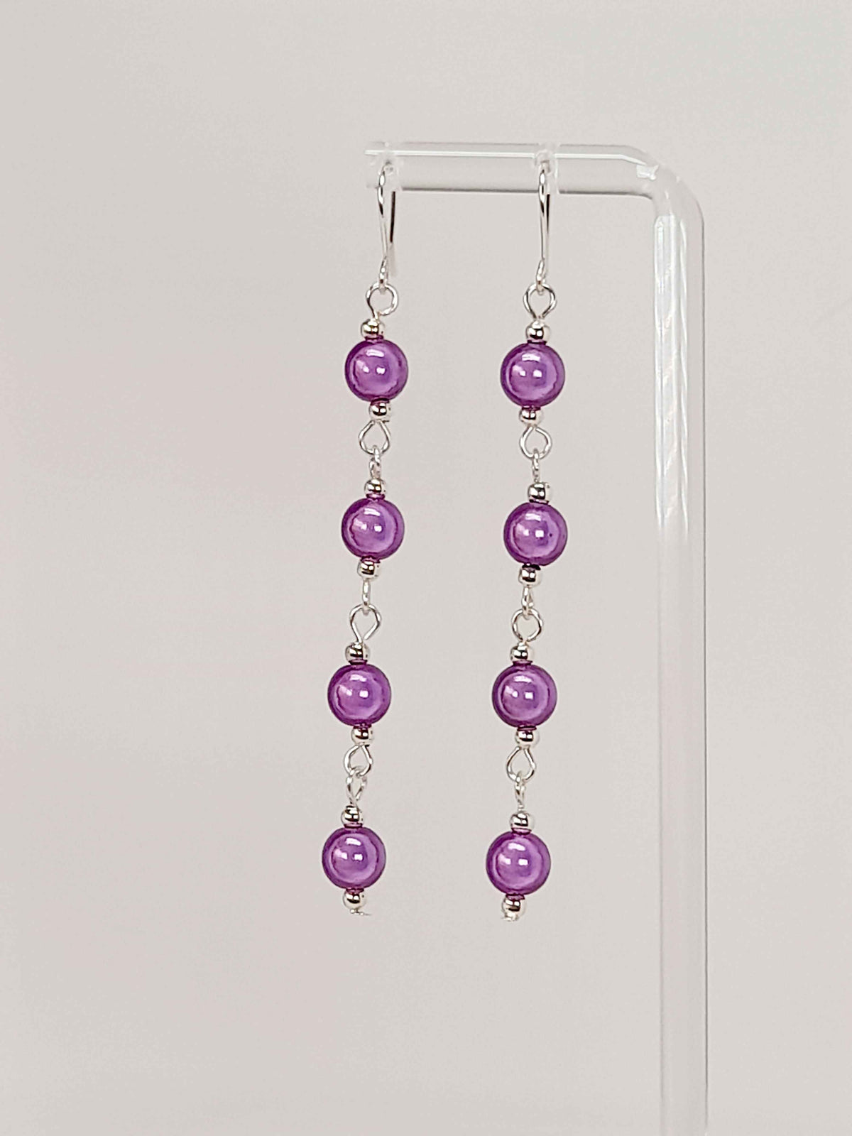 Long Lilac Beaded Drop Earrings, Handmade Four Link Dangle Earrings