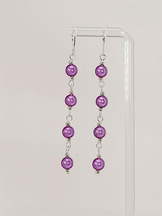 Long Lilac Beaded Drop Earrings, Handmade Four Link Dangle Earrings