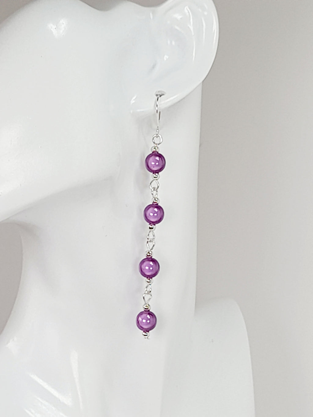 Long Lilac Beaded Drop Earrings, Handmade Four Link Dangle Earrings