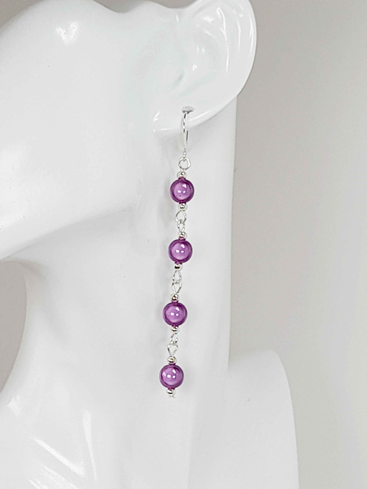 Long Lilac Beaded Drop Earrings, Handmade Four Link Dangle Earrings