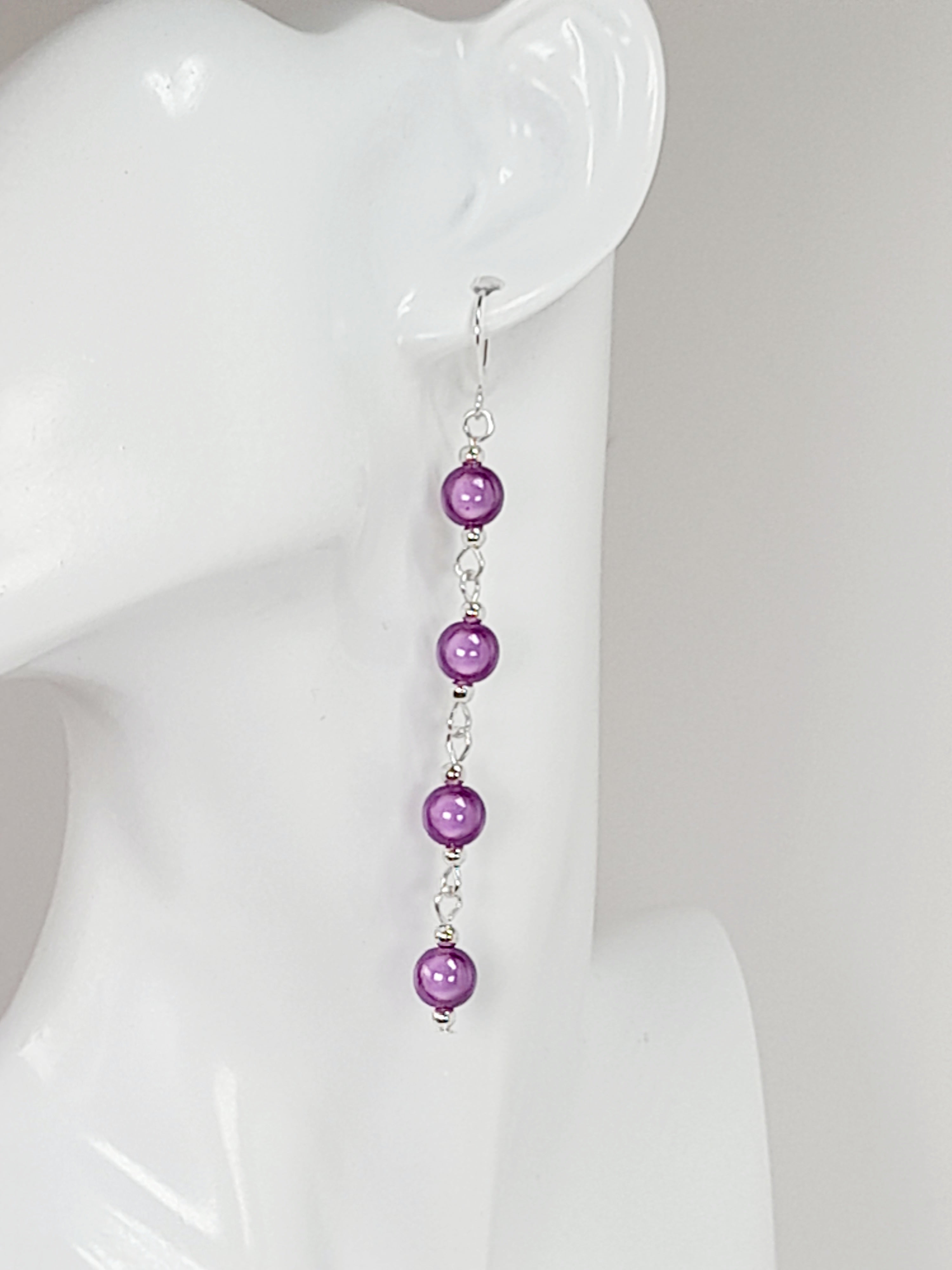 Long Lilac Beaded Drop Earrings, Handmade Four Link Dangle Earrings