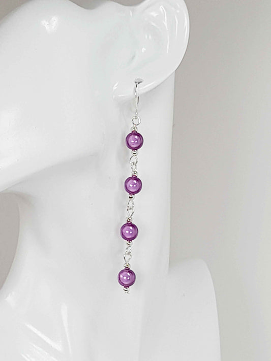 Long Lilac Beaded Drop Earrings, Handmade Four Link Dangle Earrings