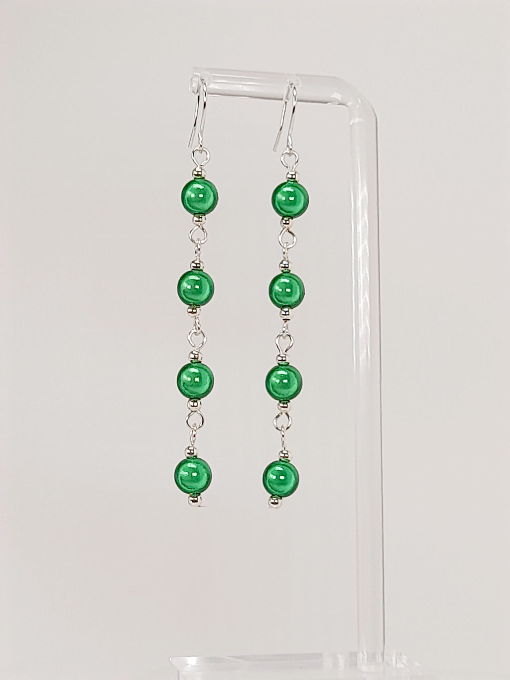 Long Bright Green Beaded Drop Earrings, Handmade Four Link Dangle Earrings