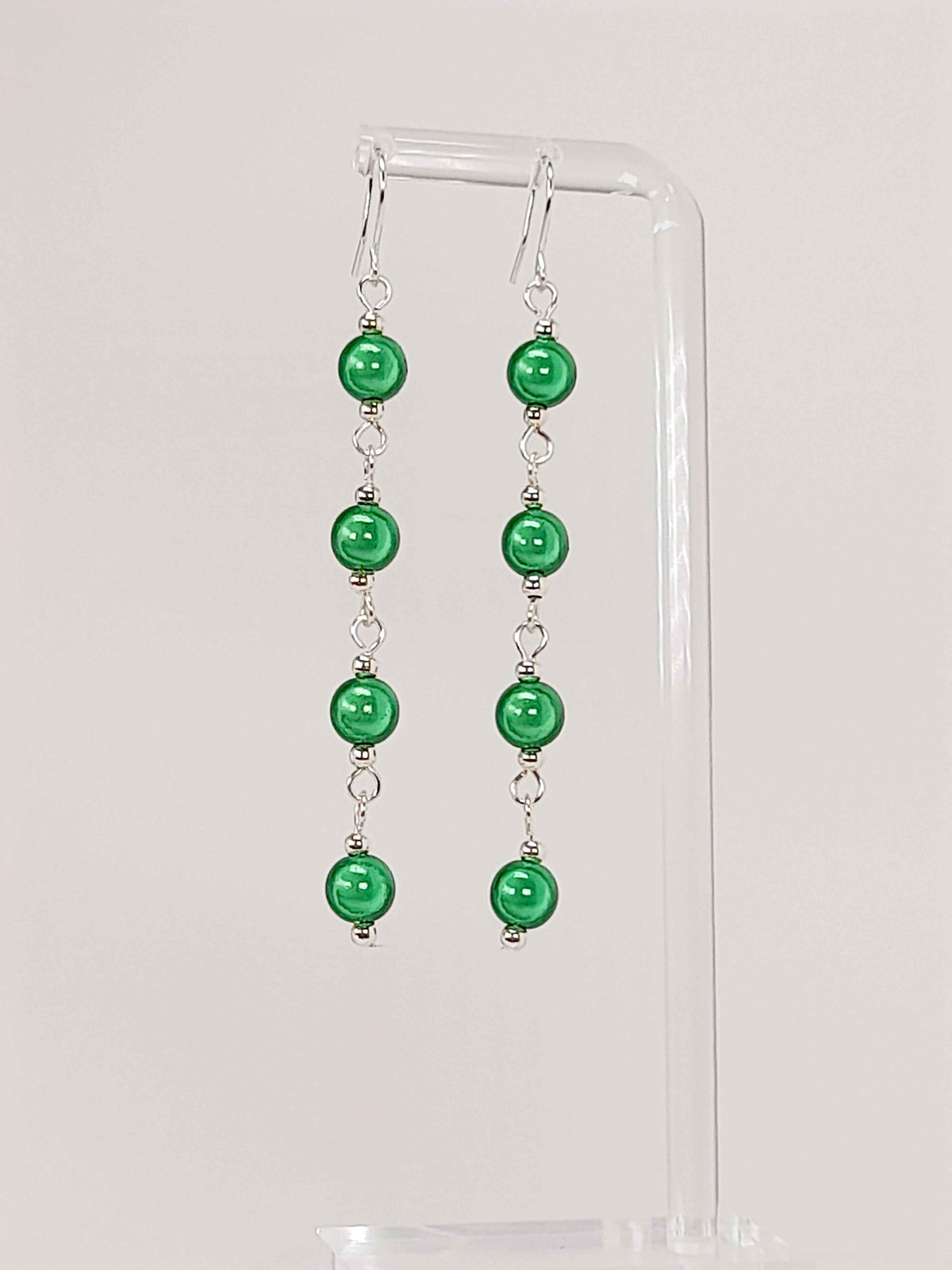 Long Bright Green Beaded Drop Earrings, Handmade Four Link Dangle Earrings