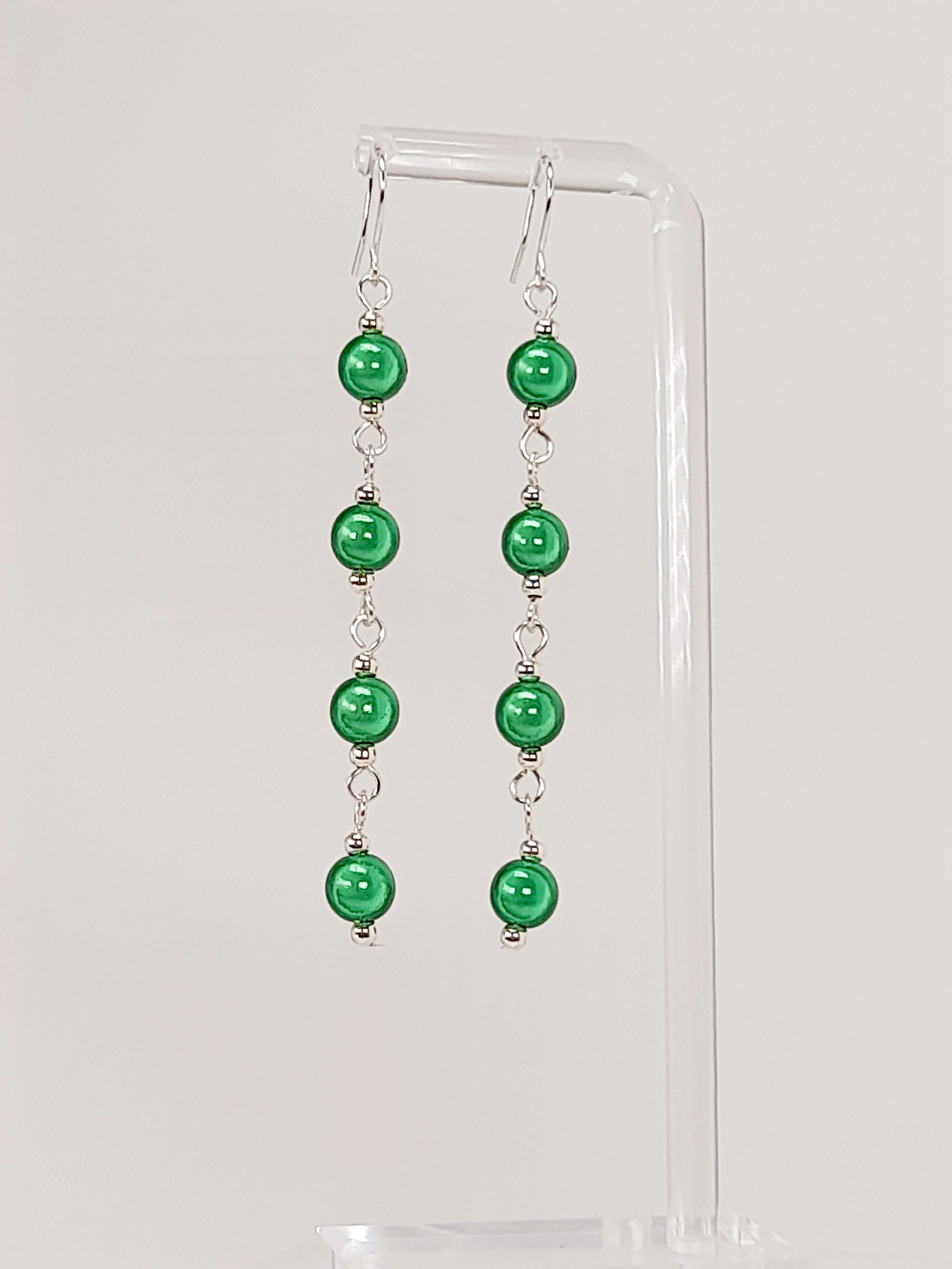Long Bright Green Beaded Drop Earrings, Handmade Four Link Dangle Earrings