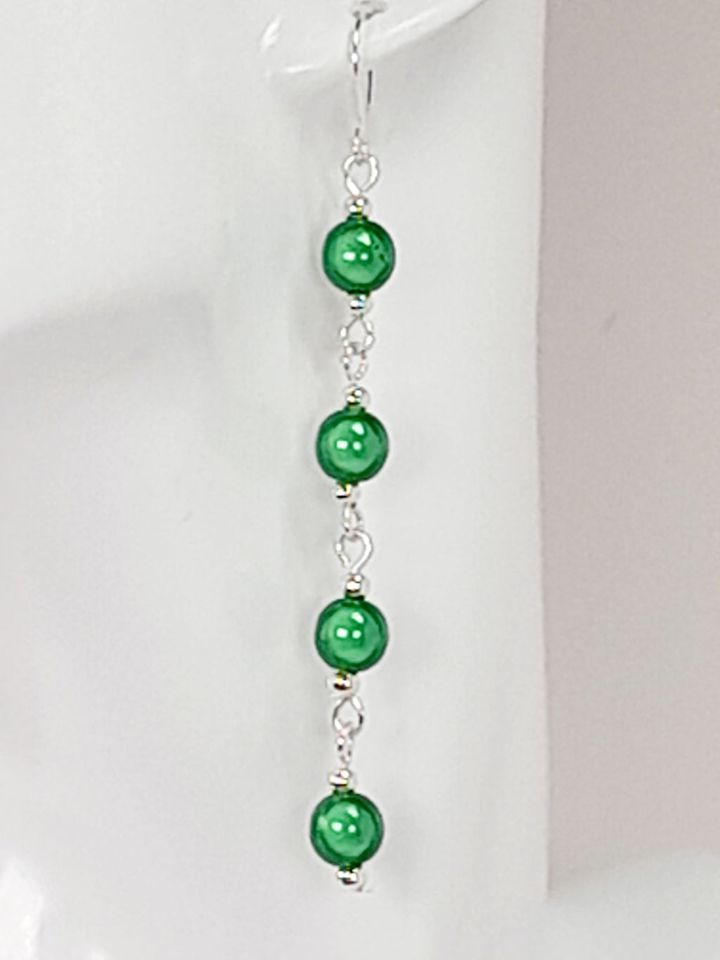Long Bright Green Beaded Drop Earrings, Handmade Four Link Dangle Earrings