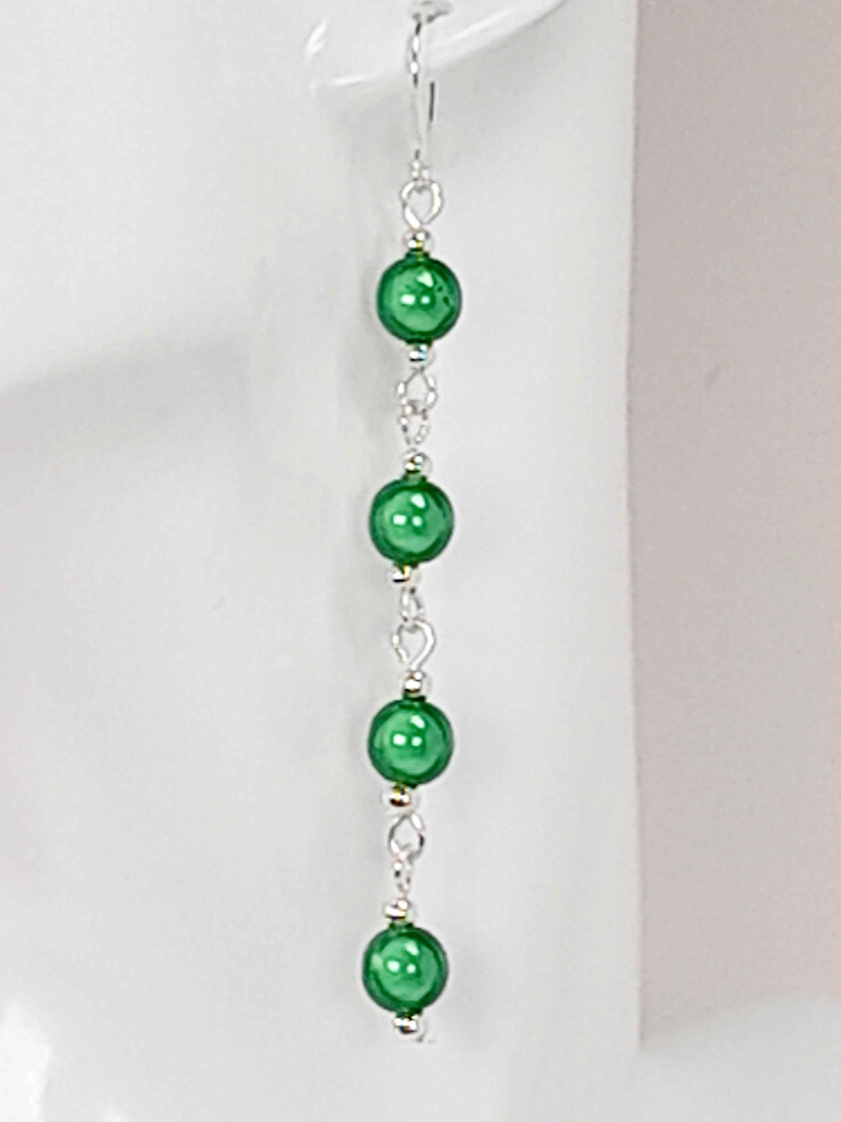 Long Bright Green Beaded Drop Earrings, Handmade Four Link Dangle Earrings