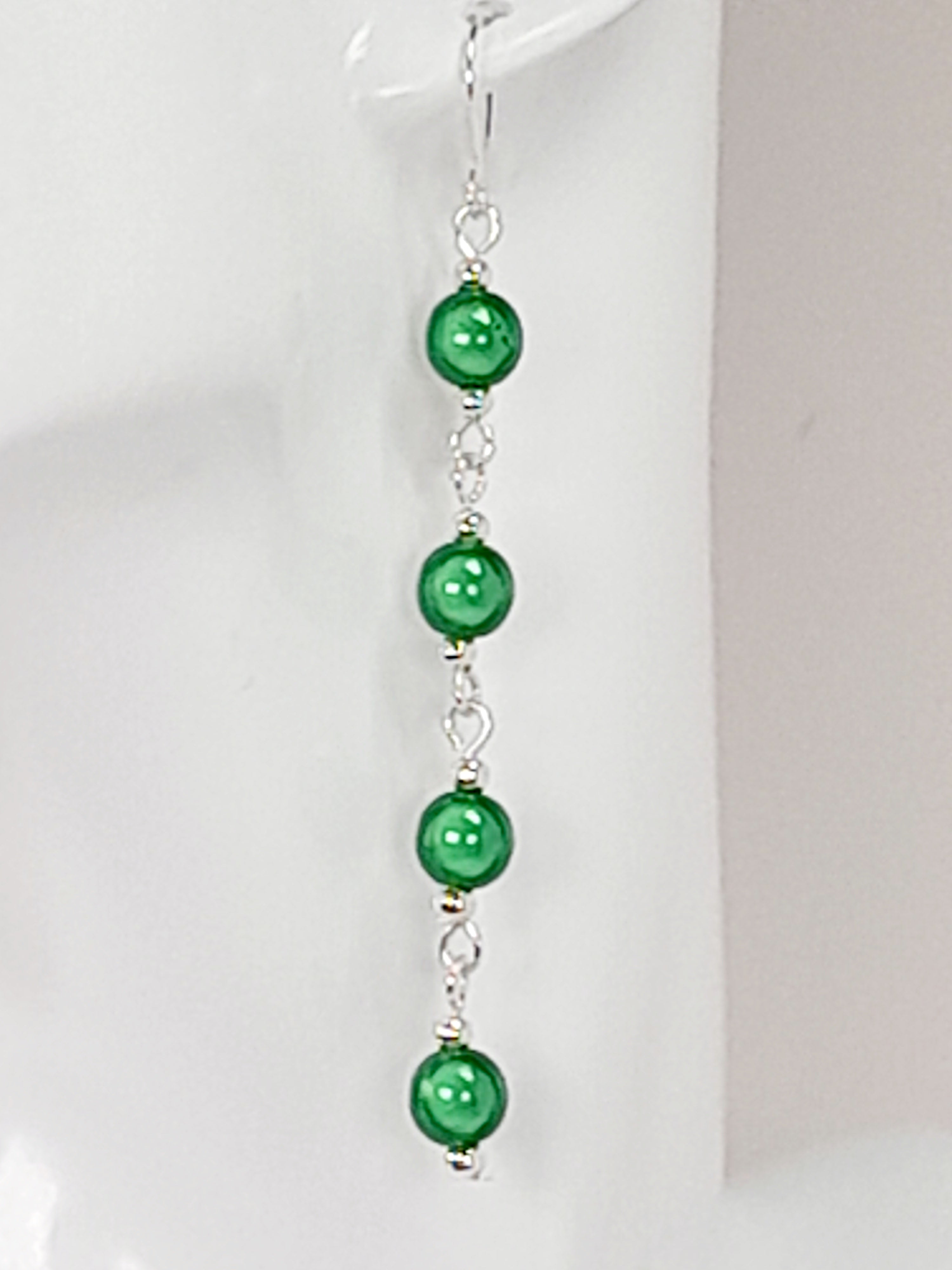 Long Bright Green Beaded Drop Earrings, Handmade Four Link Dangle Earrings