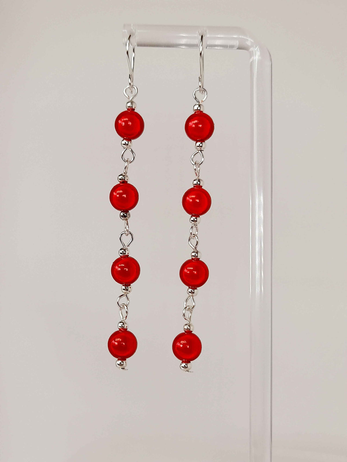 Long Bright Red Beaded Drop Earrings, Handmade Four Link Dangle Earrings