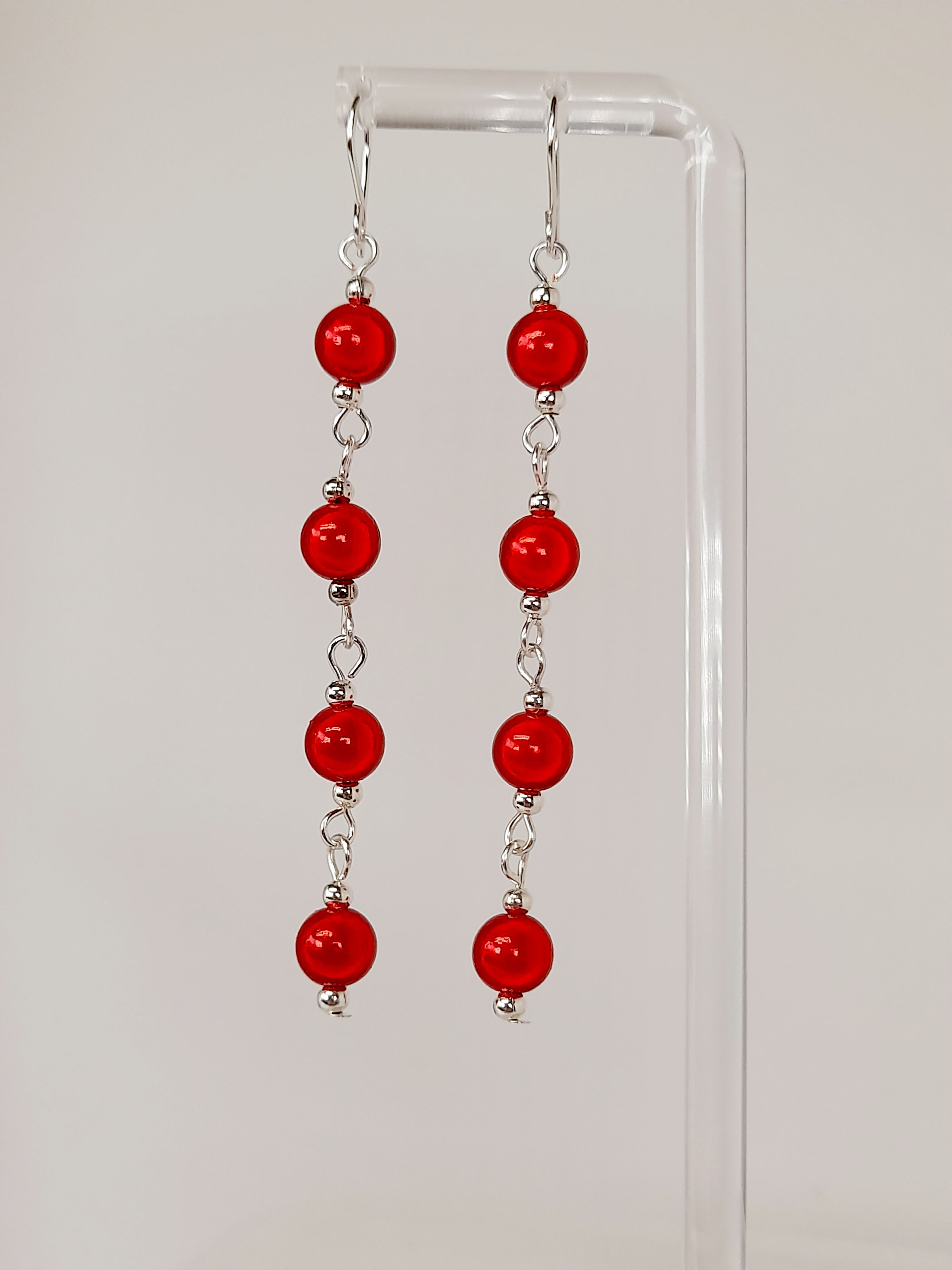 Long Bright Red Beaded Drop Earrings, Handmade Four Link Dangle Earrings