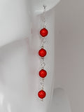 Long Bright Red Beaded Drop Earrings, Handmade Four Link Dangle Earrings