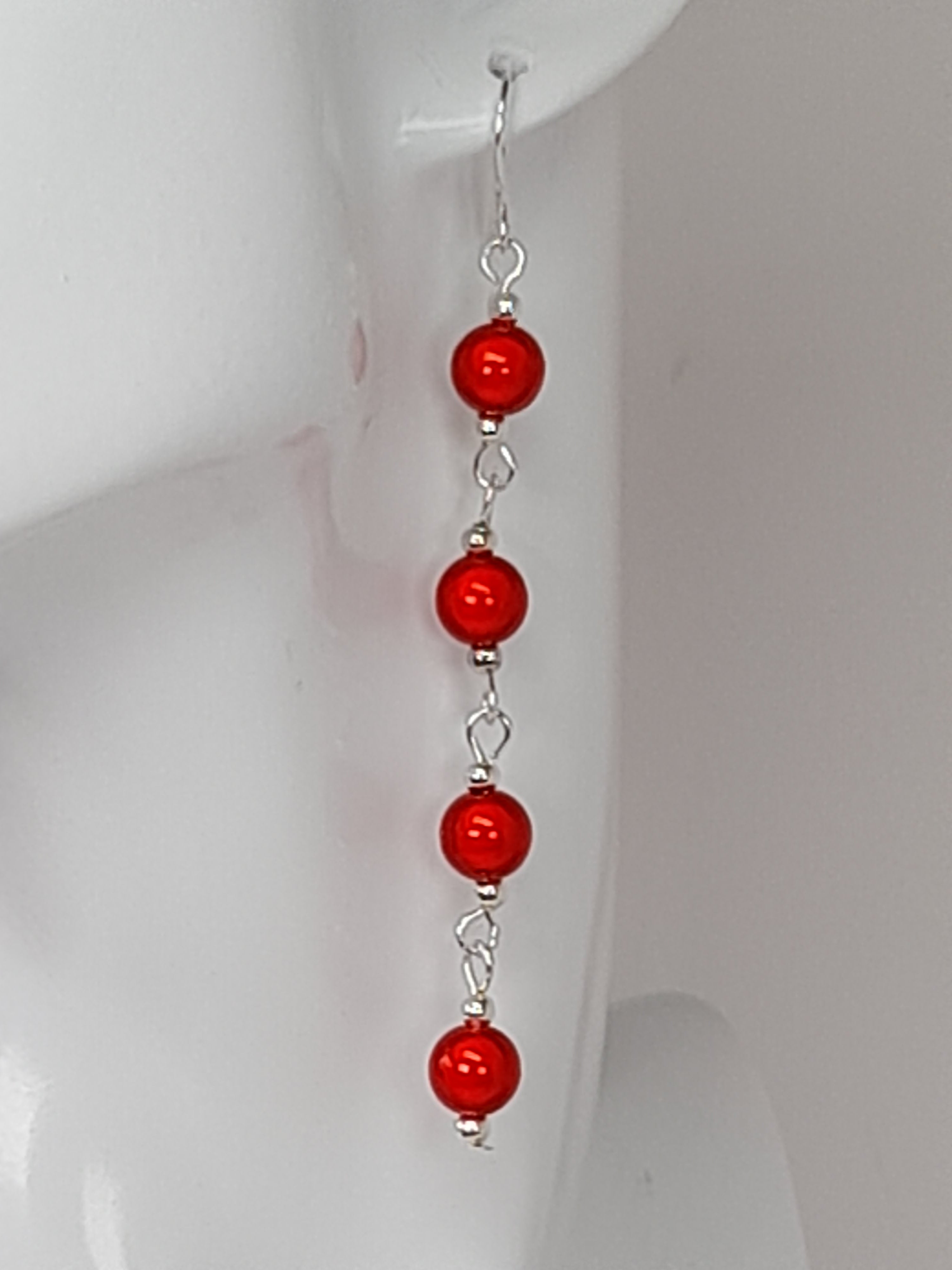 Long Bright Red Beaded Drop Earrings, Handmade Four Link Dangle Earrings