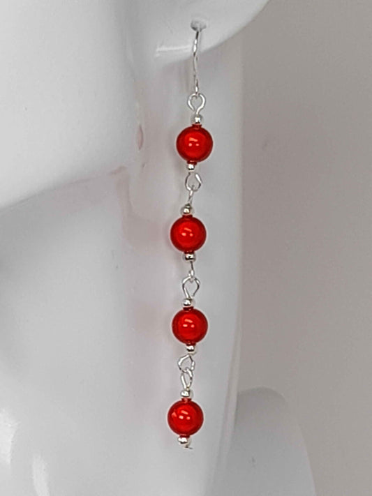 Long Bright Red Beaded Drop Earrings, Handmade Four Link Dangle Earrings