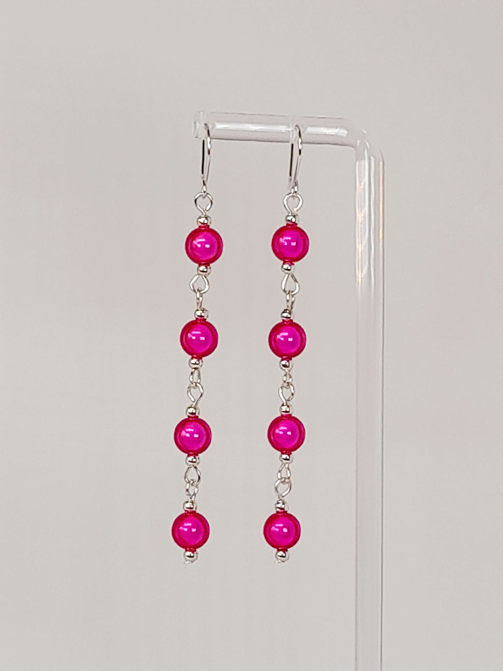 Long Pink Beaded Drop Earrings, Handmade Four Link Dangle Earrings