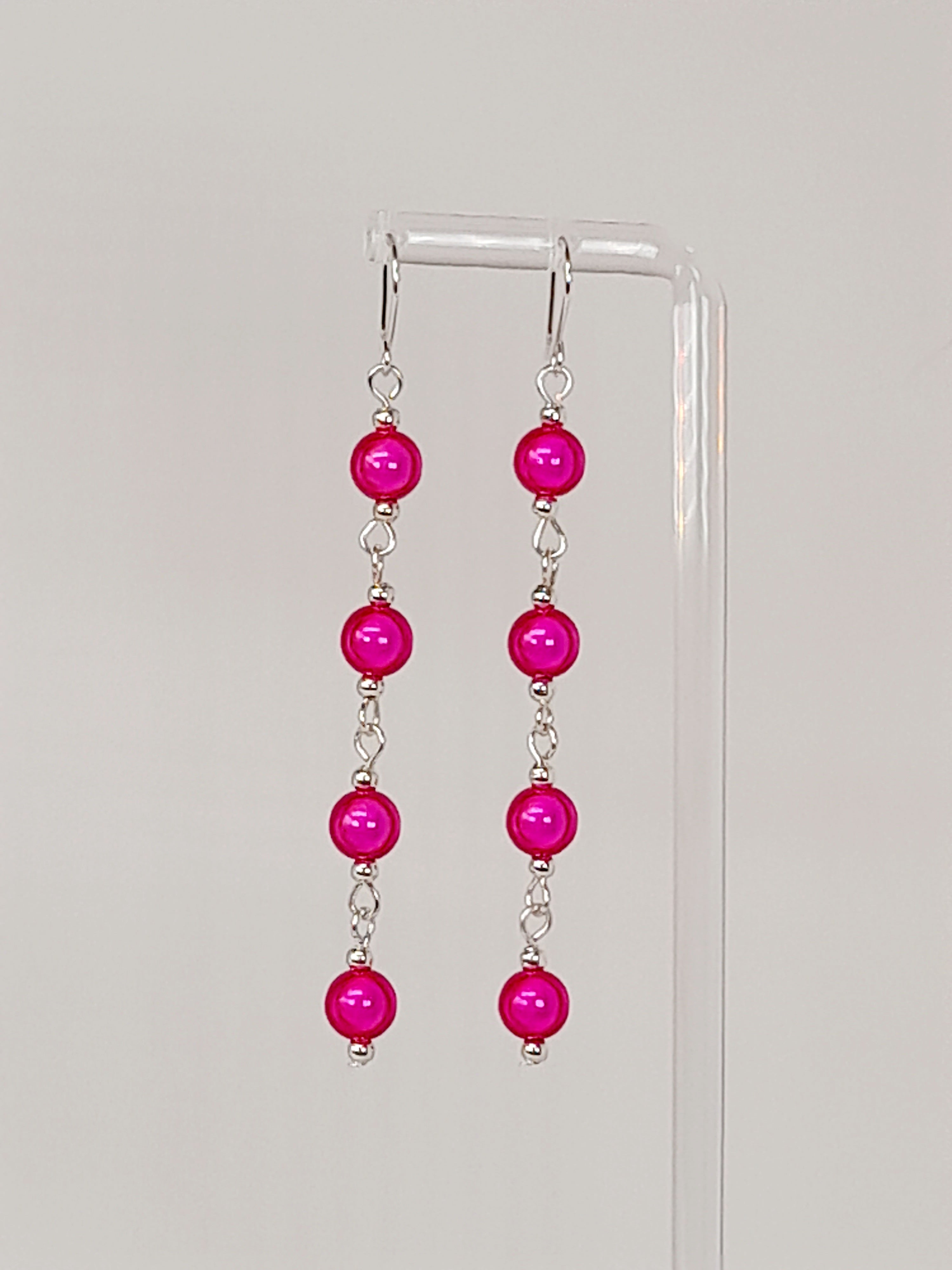 Long Pink Beaded Drop Earrings, Handmade Four Link Dangle Earrings