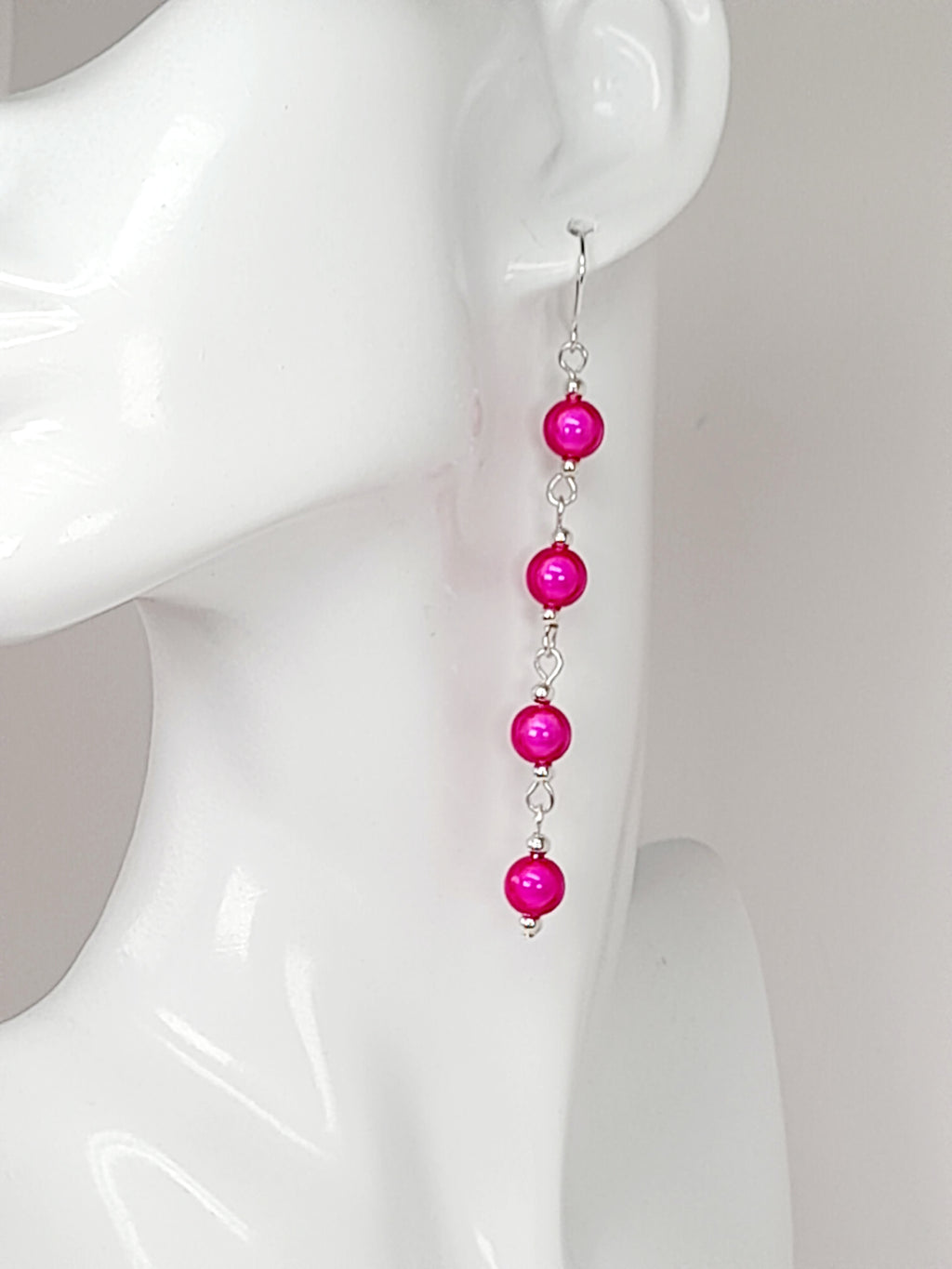 Long Pink Beaded Drop Earrings, Handmade Four Link Dangle Earrings