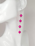 Long Pink Beaded Drop Earrings, Handmade Four Link Dangle Earrings