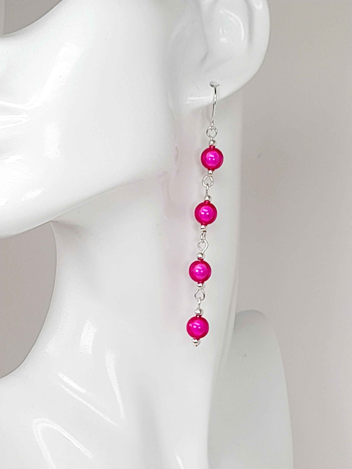 Long Pink Beaded Drop Earrings, Handmade Four Link Dangle Earrings
