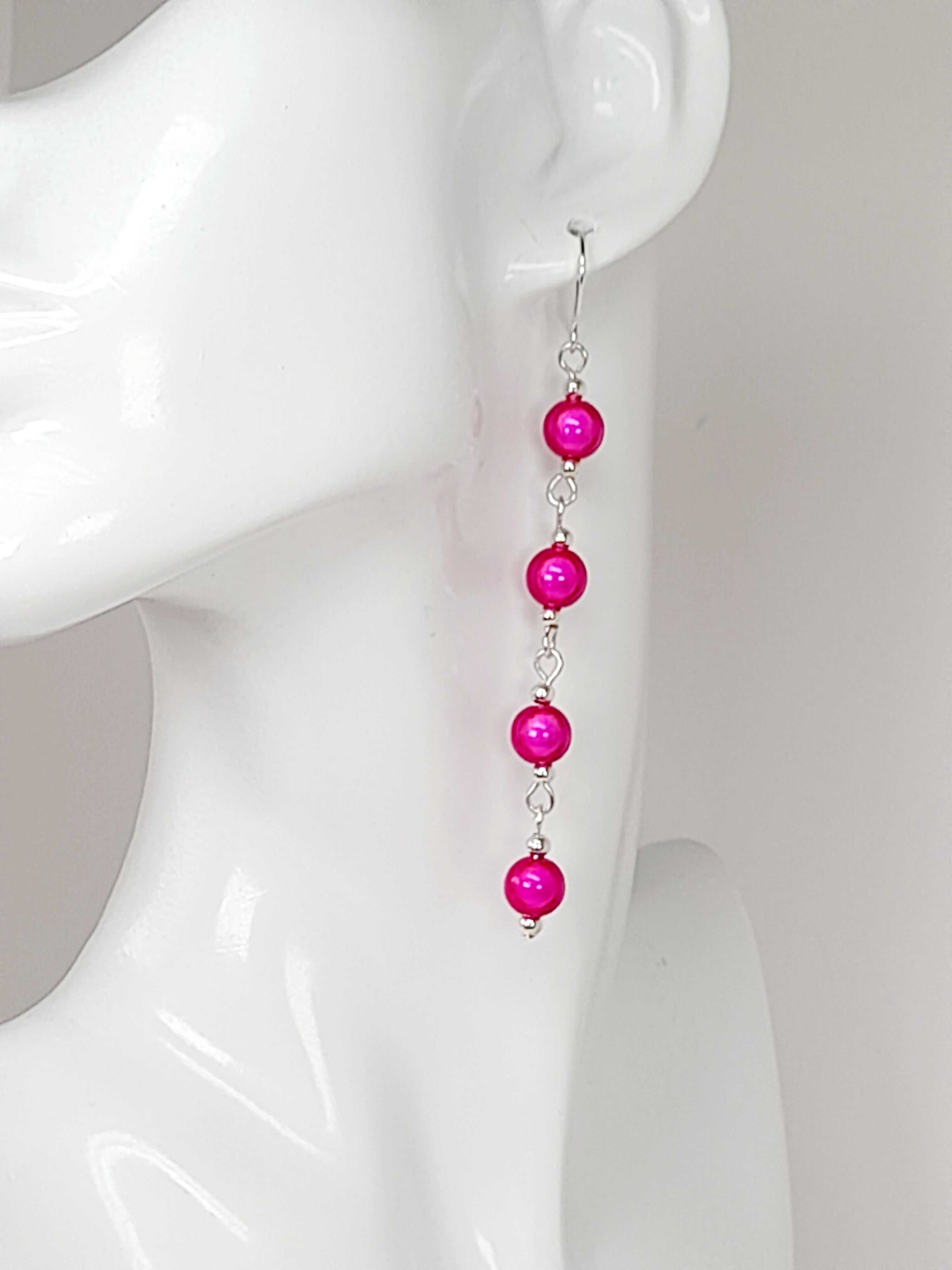 Long Pink Beaded Drop Earrings, Handmade Four Link Dangle Earrings
