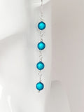 Long Bright Turquoise Beaded Drop Earrings, Handmade Four Link Dangle Earrings