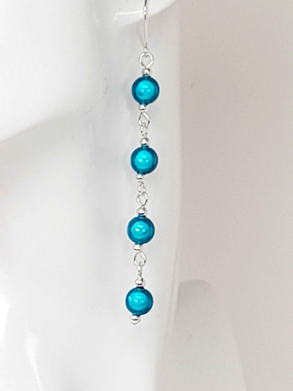 Long Bright Turquoise Beaded Drop Earrings, Handmade Four Link Dangle Earrings