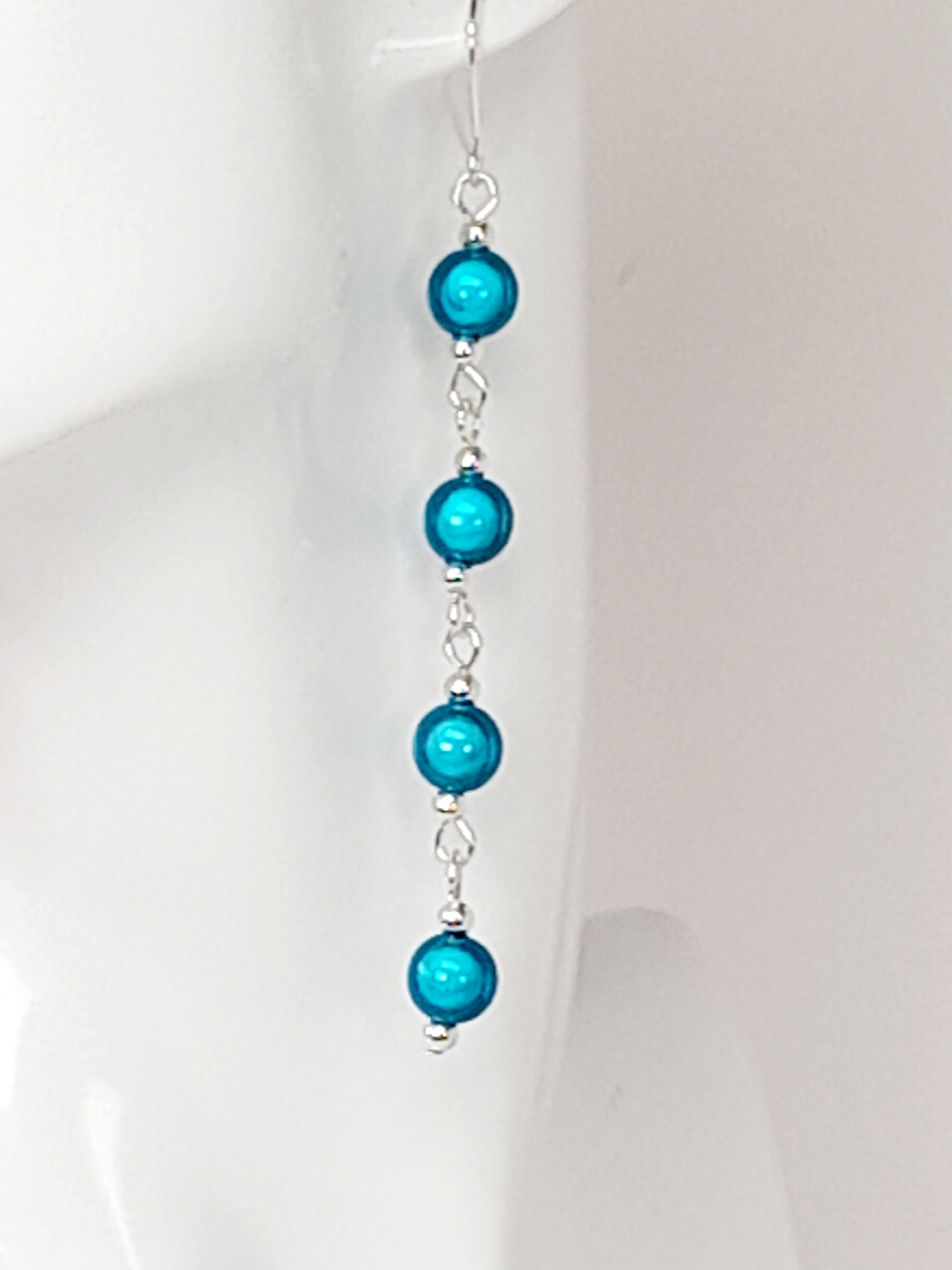 Long Bright Turquoise Beaded Drop Earrings, Handmade Four Link Dangle Earrings
