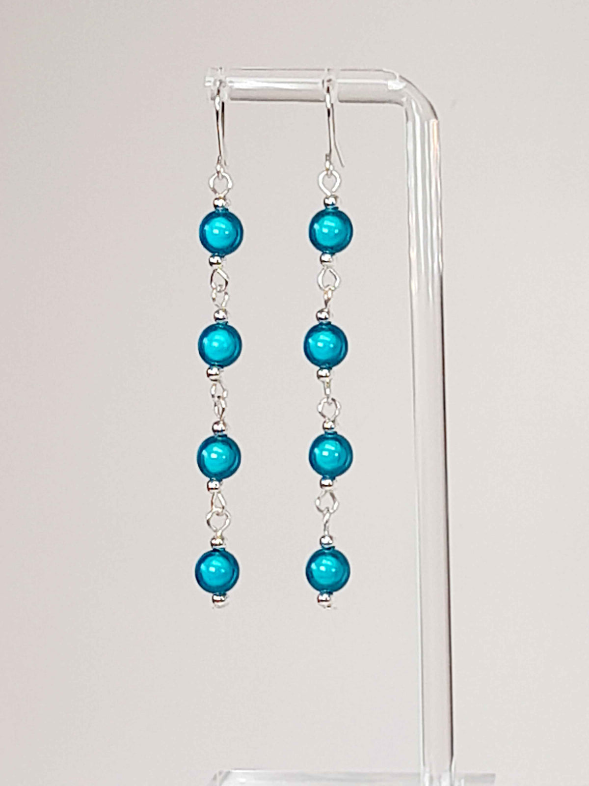 Long Bright Turquoise Beaded Drop Earrings, Handmade Four Link Dangle Earrings