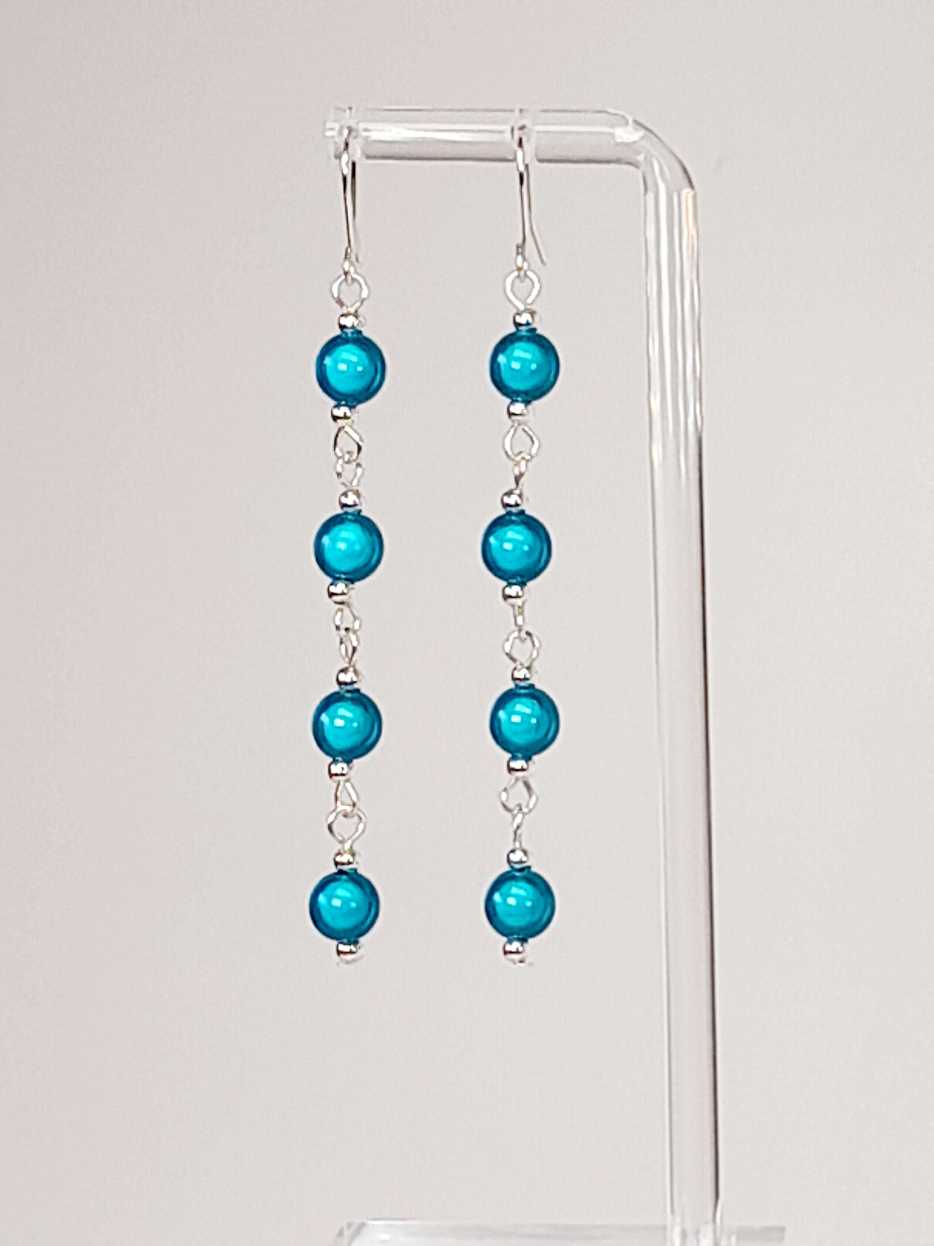 Long Bright Turquoise Beaded Drop Earrings, Handmade Four Link Dangle Earrings