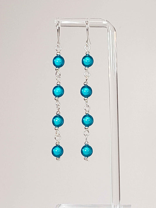 Long Bright Turquoise Beaded Drop Earrings, Handmade Four Link Dangle Earrings